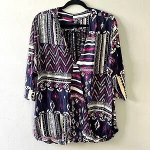 Lucky Brand Patchwork Top Plus Size 2X‎ Blue Boho Indie Brunch Picnic Festival